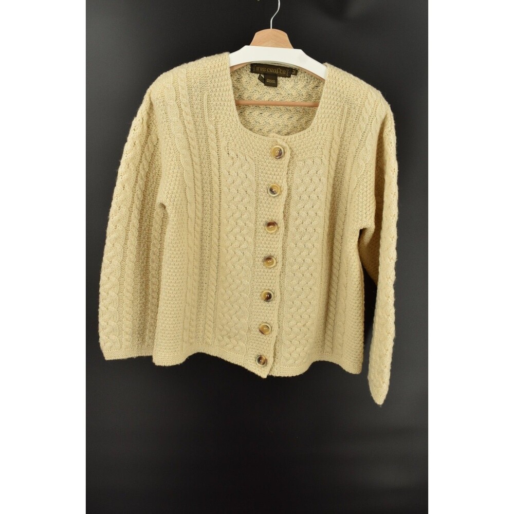 Inis Crafts Ireland Women M Cream 100% Wool Square Neck Cable Knit Cardigan